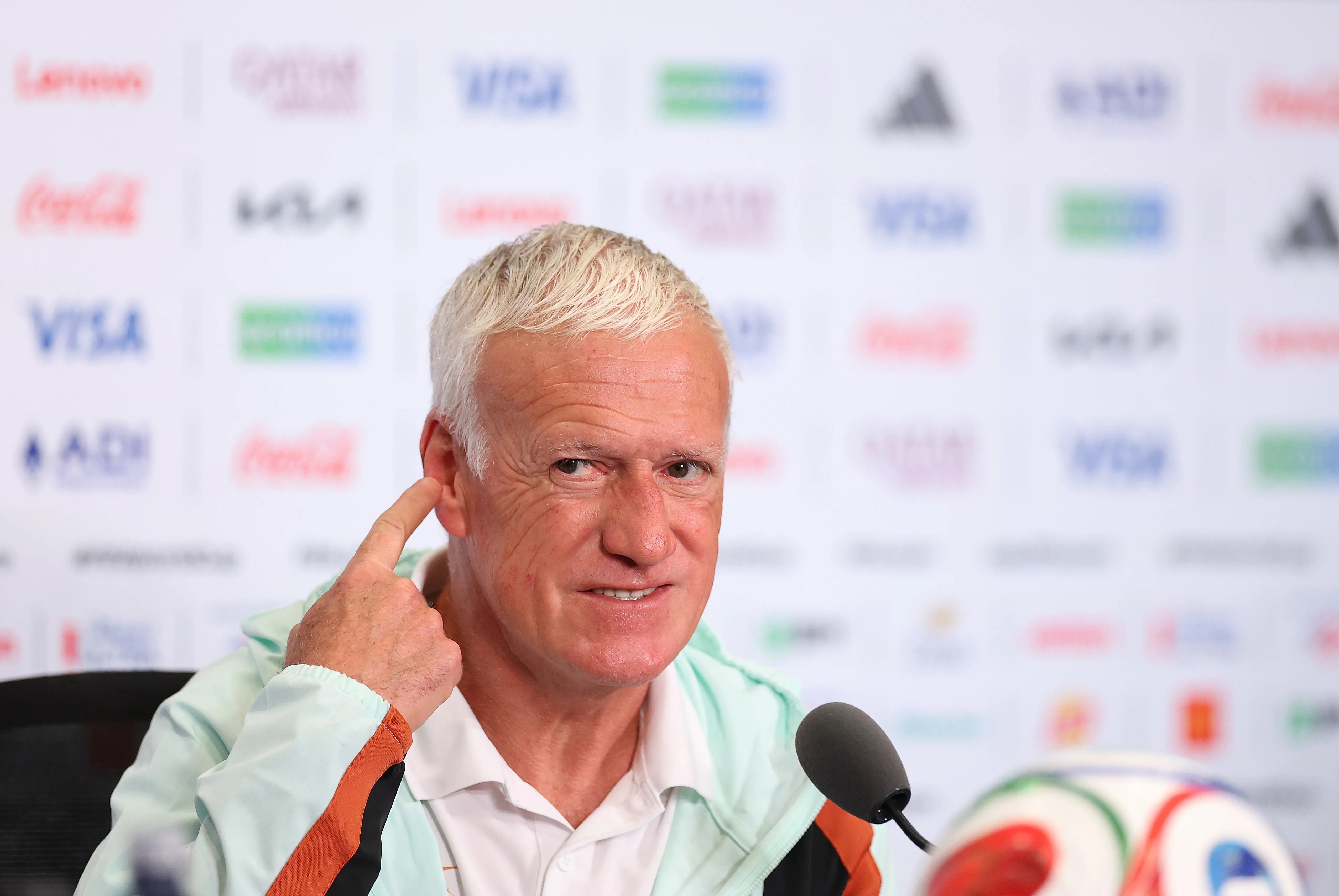 PHILADELPHIA, PENNSYLVANIA – JUNE 21:  Manager Didier Deschamps of France speaks to the media during the team’s press conference one day ahead of the FIFA World Cup 2026 Group I match between France and Iraq at Philadelphia Stadium on June 21, 2026 in Philadelphia, Pennsylvania. (Photo by Kevin C. Cox/Getty Images)