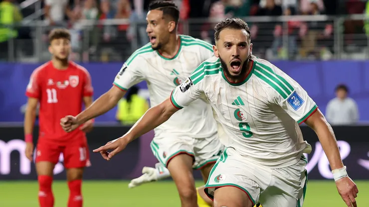 SANTA CLARA, CALIFORNIA - JUNE 22: Amine Gouiri #9 of Algeria celebrates scoring his team's second goal during the FIFA World Cup 2026 Group J match between Jordan and Algeria at San Francisco Bay Area Stadium on June 22, 2026 in Santa Clara, California. (Photo by Stu Forster/Getty Images)