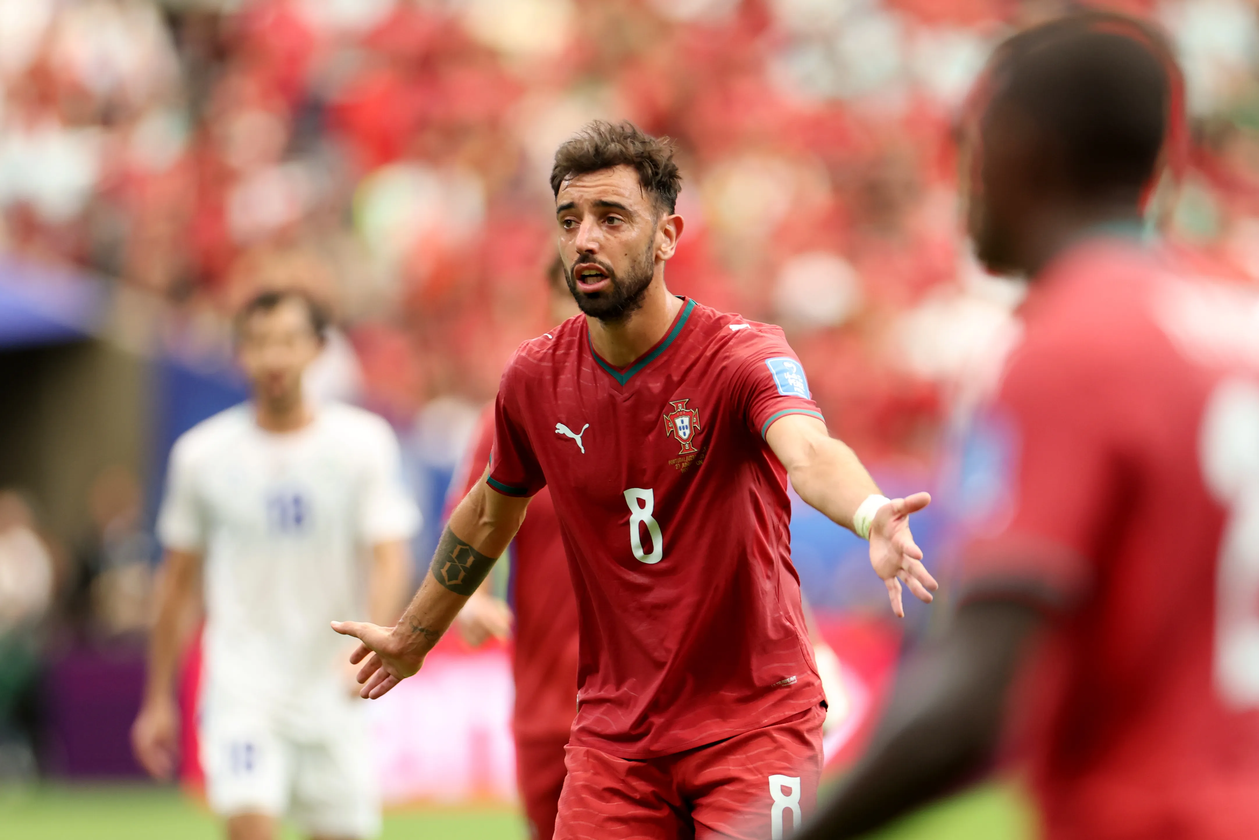 HOUSTON, TEXAS – JUNE 23: Bruno Fernandes #8 of Portugal reacts during the FIFA World Cup 2026 Group K match between Portugal and Uzbekistan at Houston Stadium on June 23, 2026 in Houston, Texas. (Photo by Charlotte Wilson/Getty Images)