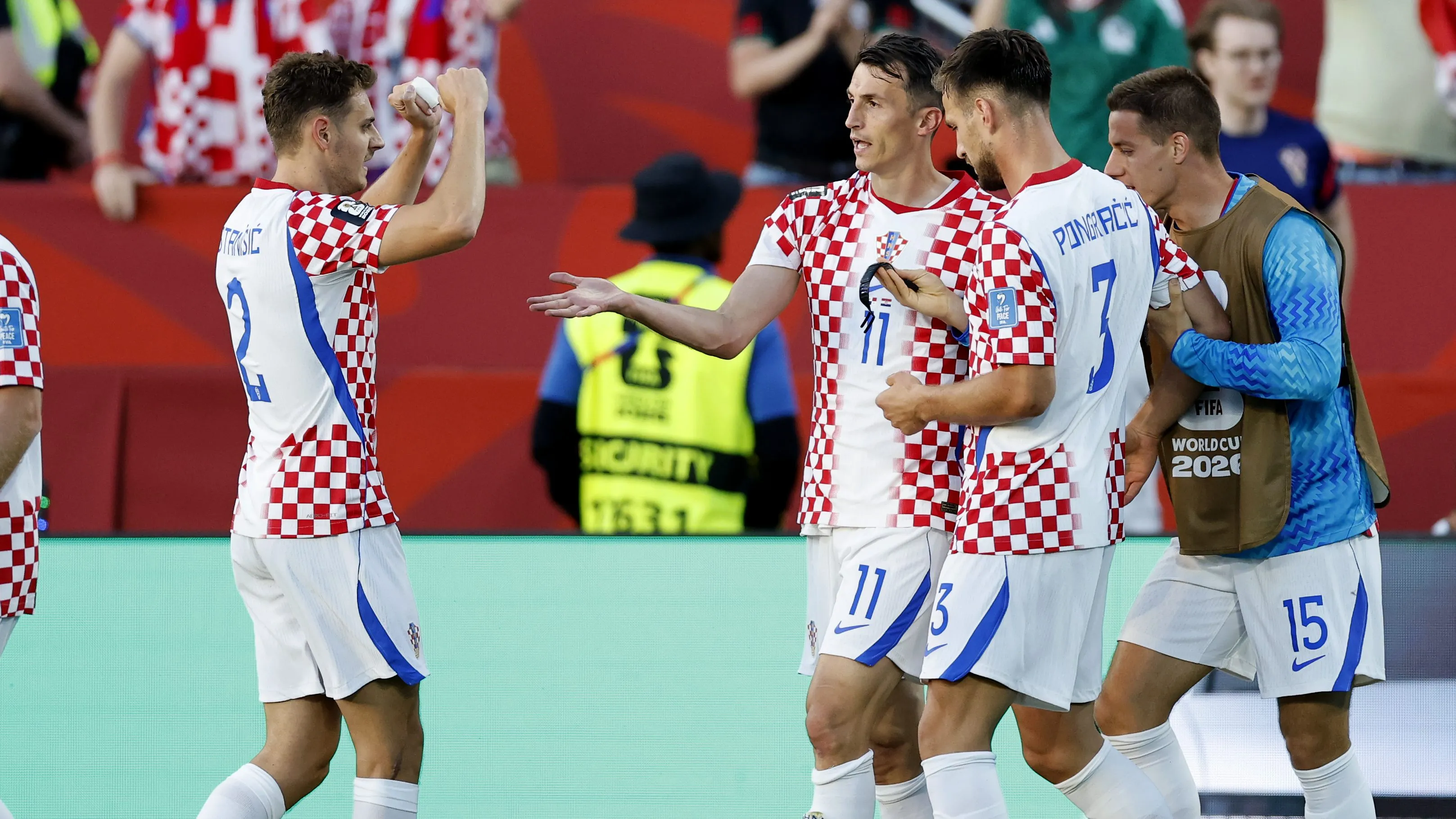 TORONTO, ONTARIO – JUNE 23: Ante Budimir #11 of Croatia celebrates with teammates after scoring the team’s first goal during the FIFA World Cup 2026 Group L match between Panama and Croatia at Toronto Stadium on June 23, 2026 in Toronto, Ontario. (Photo by Michael Reaves/Getty Images)