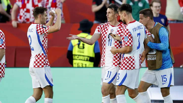 TORONTO, ONTARIO - JUNE 23: Ante Budimir #11 of Croatia celebrates with teammates after scoring the team's first goal during the FIFA World Cup 2026 Group L match between Panama and Croatia at Toronto Stadium on June 23, 2026 in Toronto, Ontario. (Photo by Michael Reaves/Getty Images)