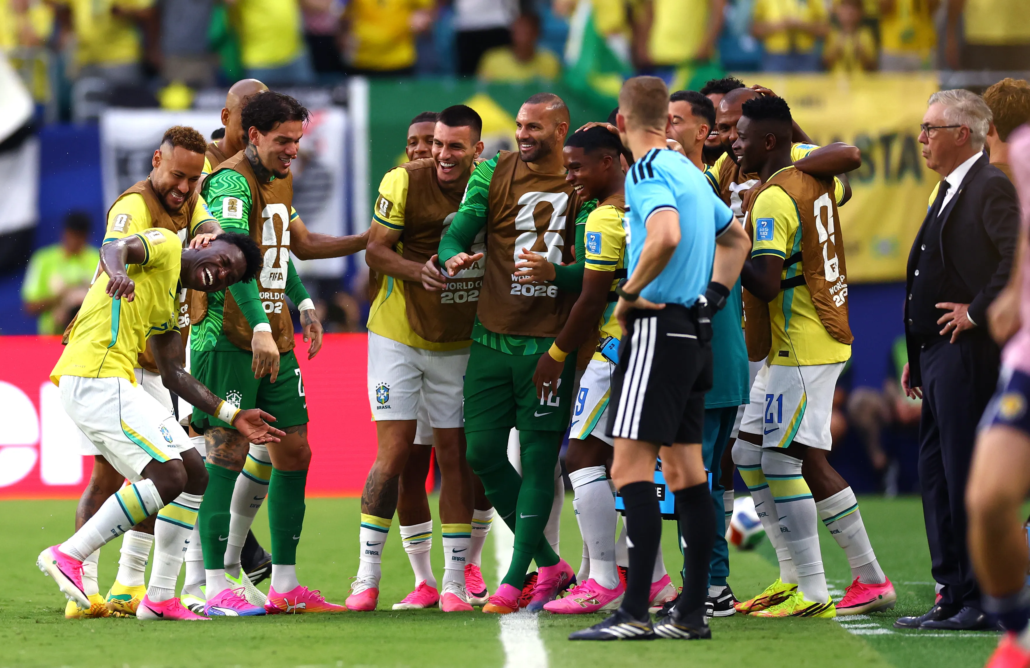 MIAMI GARDENS, FLORIDA – JUNE 24: Vinicius Junior #7 of Brazil celebrates with teammates after scoring the team’s second goal during the FIFA World Cup 2026 Group C match between Scotland and Brazil at Miami Stadium on June 24, 2026 in Miami Gardens, Florida. (Photo by Megan Briggs/Getty Images)
