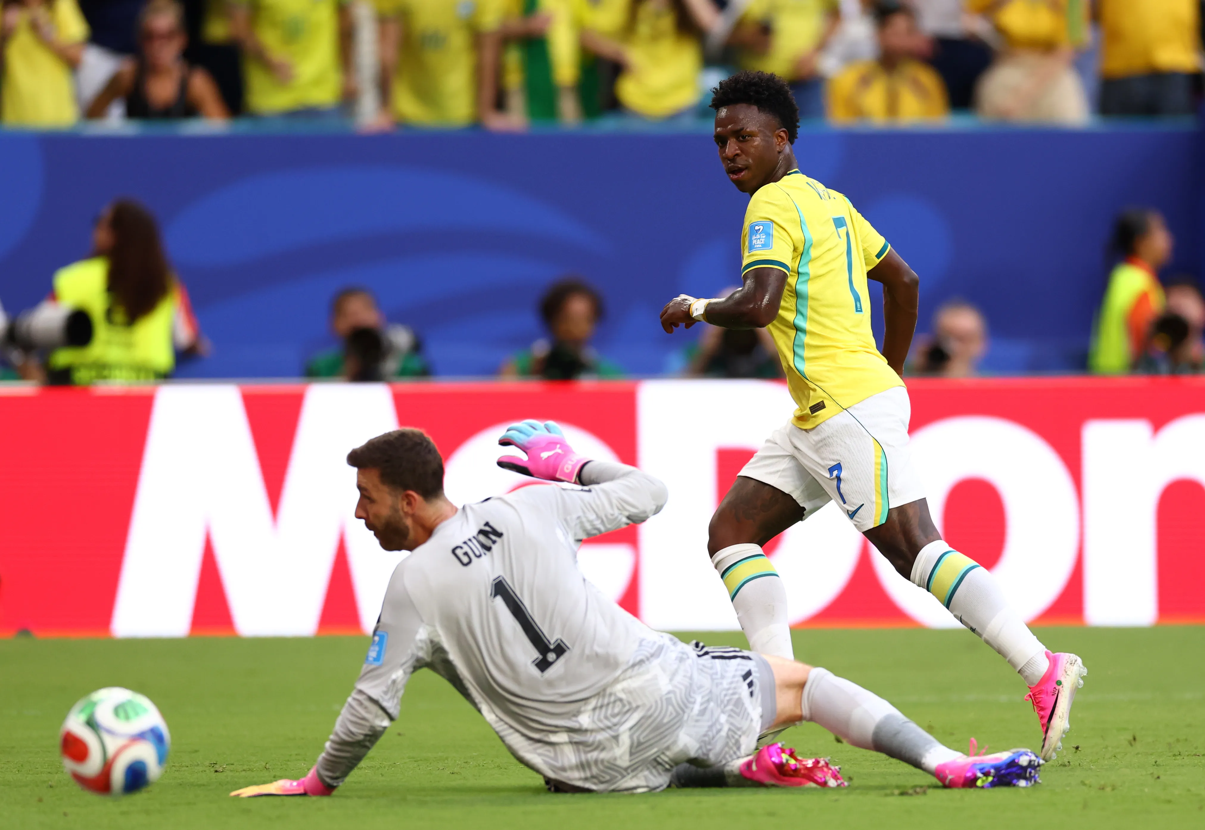 MIAMI GARDENS, FLORIDA – JUNE 24: Vinicius Junior #7 of Brazil scores a goal that was disallowed following a VAR review during the FIFA World Cup 2026 Group C match between Scotland and Brazil at Miami Stadium on June 24, 2026 in Miami Gardens, Florida. (Photo by Megan Briggs/Getty Images)