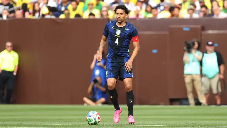 CLEVELAND, OHIO - JUNE 06: Marquinhos of Brazil controls the ball during the international friendly match between Brazil and Egypt at Huntington Bank Field on June 06, 2026 in Cleveland, Ohio. (Photo by Kirk Irwin/Getty Images)