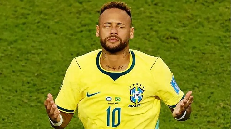 MIAMI GARDENS, FLORIDA - JUNE 24: Neymar Jr #10 of Brazil prays as he is substituted in during the FIFA World Cup 2026 Group C match between Scotland and Brazil at Miami Stadium on June 24, 2026 in Miami Gardens, Florida. (Photo by Michael Reaves/Getty Images)