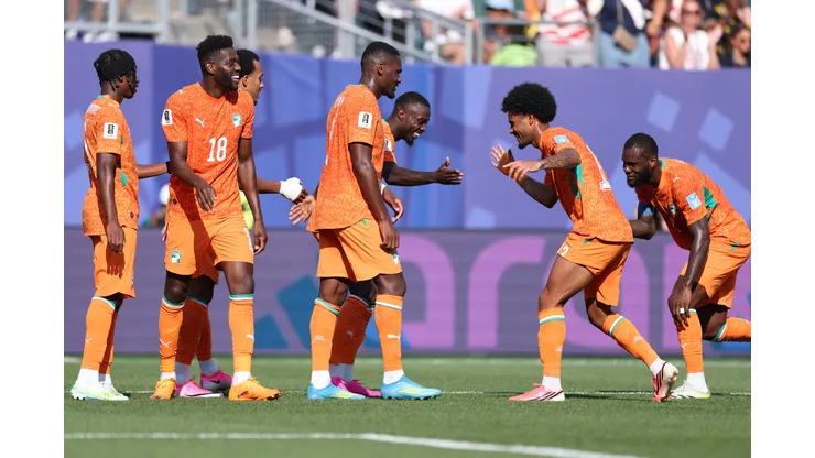 PHILADELPHIA, PENNSYLVANIA - JUNE 25: Nicolas Pepe #19 of Cote d'Ivoire celebrates with teammates after scoring his team's second goal during the FIFA World Cup 2026 Group E match between Curacao and Cote D'Ivoire at Philadelphia Stadium on June 25, 2026 in Philadelphia, Pennsylvania. (Photo by Kevin C. Cox/Getty Images)