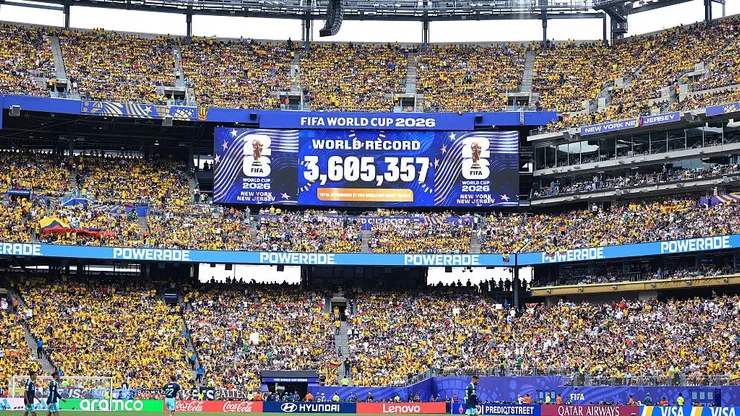EAST RUTHERFORD, NEW JERSEY - JUNE 25: A general view as the screen shows a world record attendance of 3,605,357 during the FIFA World Cup 2026 Group E match between Ecuador and Germany at New York New Jersey Stadium on June 25, 2026 in East Rutherford, New Jersey. (Photo by Buda Mendes/Getty Images)