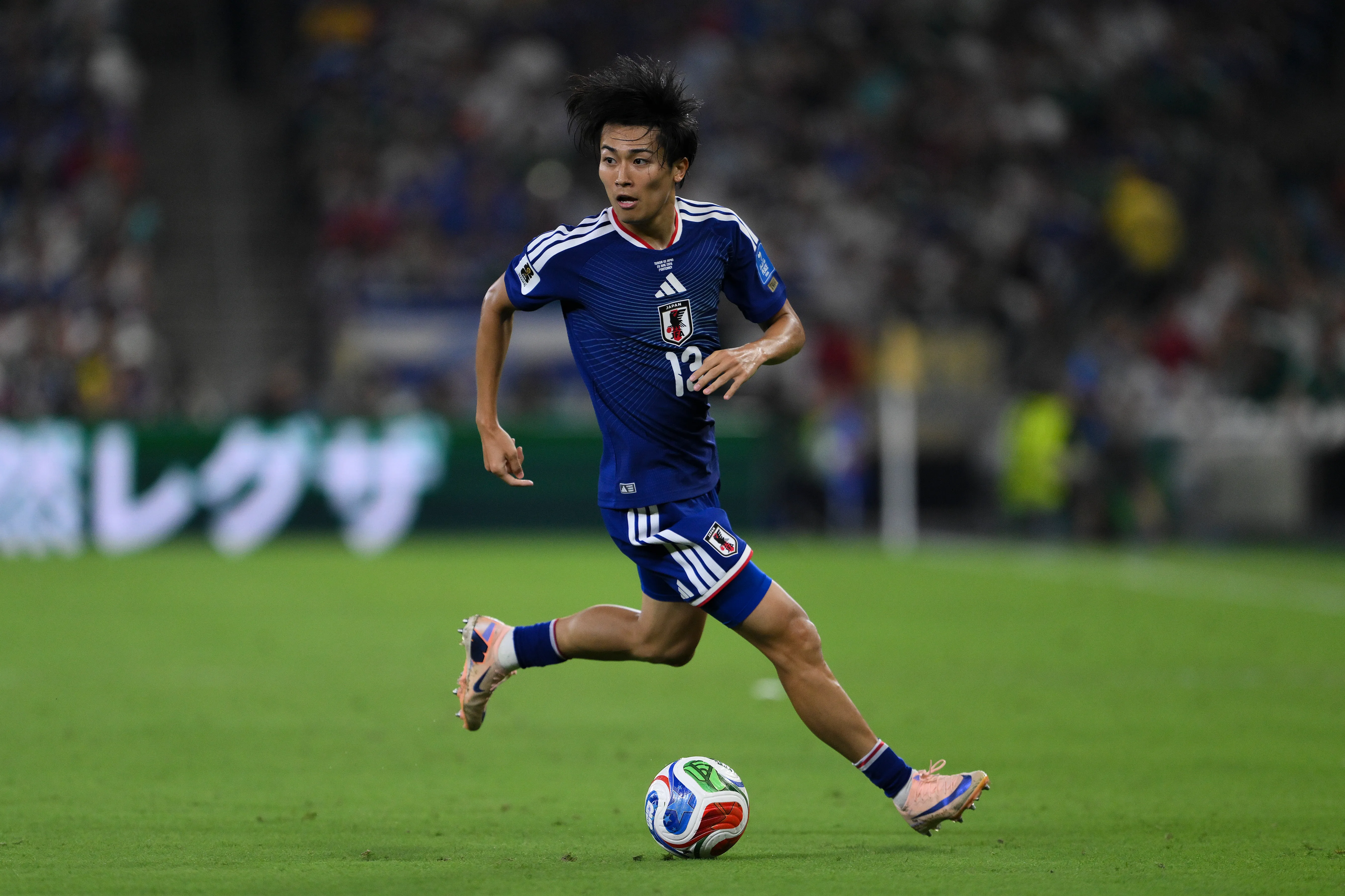 GUADALUPE, MEXICO – JUNE 20: Keito Nakamura #13 of Japan runs with the ball during the FIFA World Cup 2026 Group F match between Tunisia and Japan at Monterrey Stadium on June 20, 2026 in Guadalupe, Mexico. (Photo by David Ramos/Getty Images)