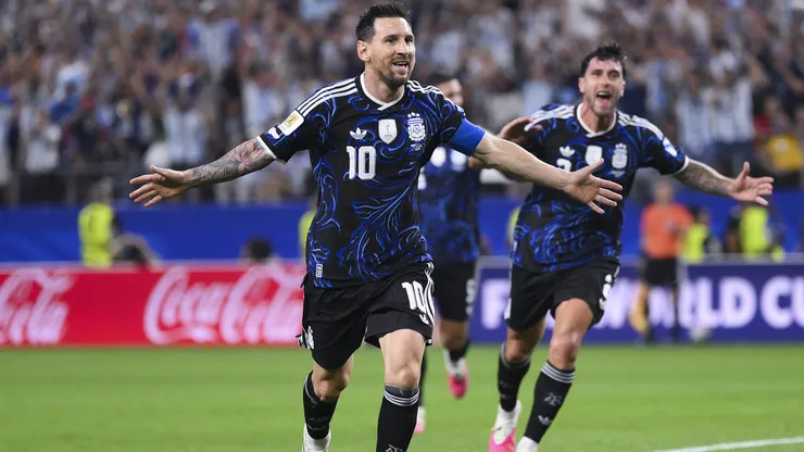 ARLINGTON, TEXAS - JUNE 27: Lionel Messi #10 of Argentina celebrates scoring his team's third goal during the FIFA World Cup 2026 Group J match between Jordan and Argentina at Dallas Stadium on June 27, 2026 in Arlington, Texas. (Photo by David Ramos/Getty Images)