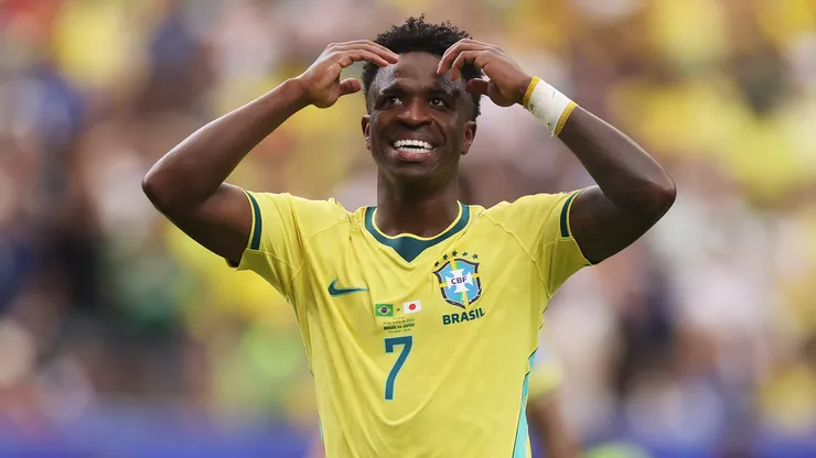 HOUSTON, TEXAS - JUNE 29: Vinicius Junior #7 of Brazil reacts after a missed chance during the FIFA World Cup 2026 Round Of 32 match between Brazil and Japan at Houston Stadium on June 29, 2026 in Houston, Texas. (Photo by Lars Baron/Getty Images)
