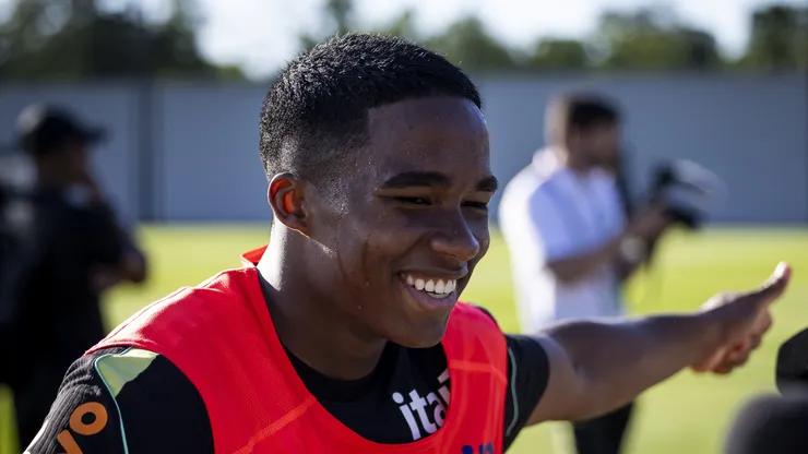 NEW YORK, NEW YORK - JUNE 3: Endrick #19 of Brazil talks with the medial after training at Columbia Park Training Facility on June 3, 2026 in Morristown, New Jersey. (Photo by Ira L. Black/Getty Images)