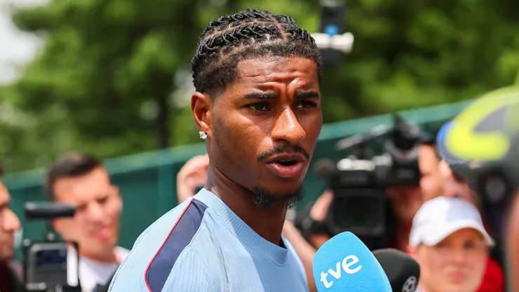 KANSAS CITY, KANSAS - JULY 3: Marcus Rashford #11 of England speaks to the media during a press conference at Swope Soccer Village on July 3, 2026 in Kansas City, Kansas. (Photo by Kyle Rivas/Getty Images)