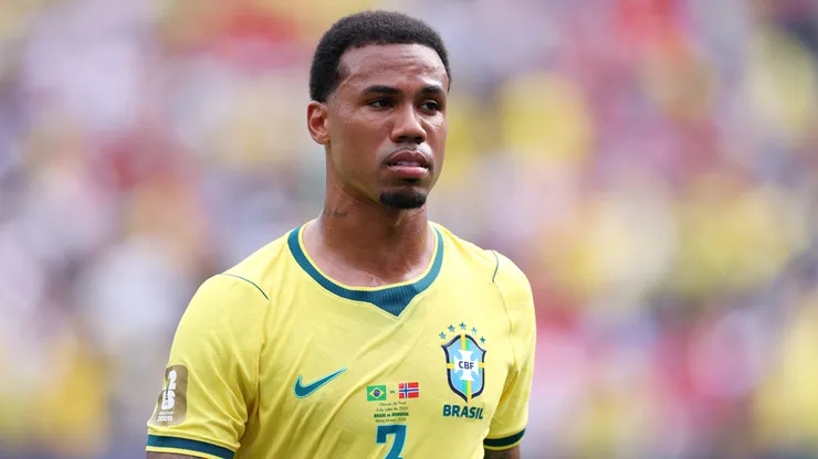 EAST RUTHERFORD, NEW JERSEY - JULY 05: Gabriel Magalhaes #3 of Brazil reacts as he walks off the pitch at half time during the FIFA World Cup 2026 Round of 16 match between Brazil and Norway at New York New Jersey Stadium on July 05, 2026 in East Rutherford, New Jersey. (Photo by Justin Setterfield/Getty Images)
