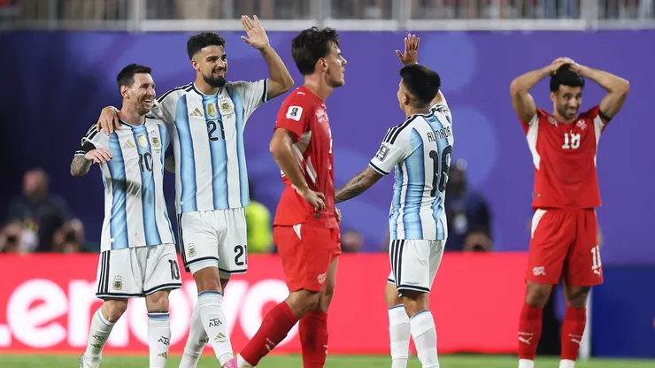KANSAS CITY, MISSOURI - JULY 11: Lionel Messi #10, Jose Manuel Lopez #21 and Thiago Almada #16 of Argentina celebrate after the 3-1 victory during the FIFA World Cup 2026 Quarter Final match between Argentina and Switzerland at Kansas City Stadium on July 11, 2026 in Kansas City, Missouri. (Photo by Lars Baron/Getty Images)