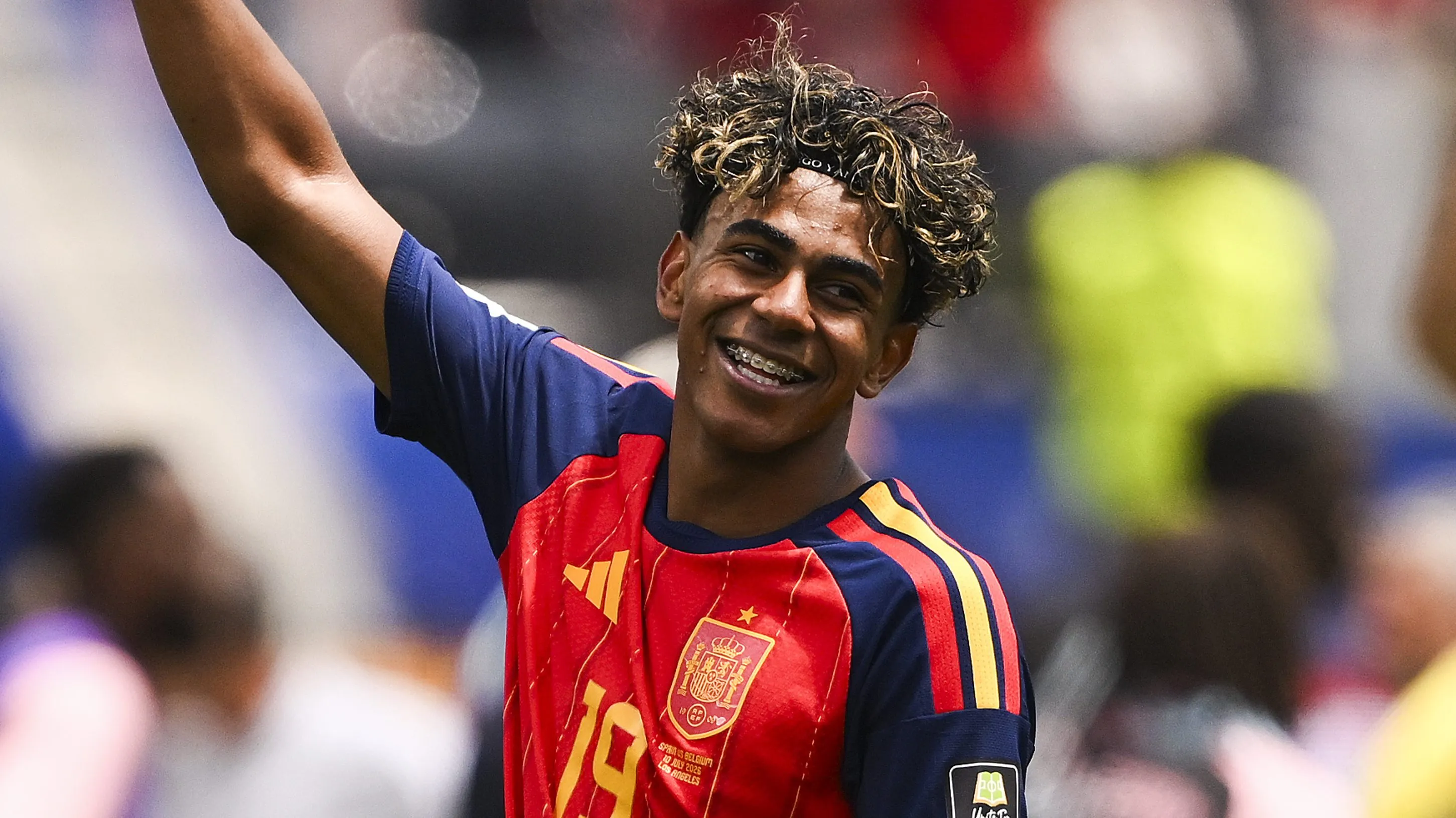 Lamine Yamal após a vitória por 2 a 1 na partida das quartas de final da Copa do Mundo entre Espanha e Bélgica. (Photo by David Ramos/Getty Images)