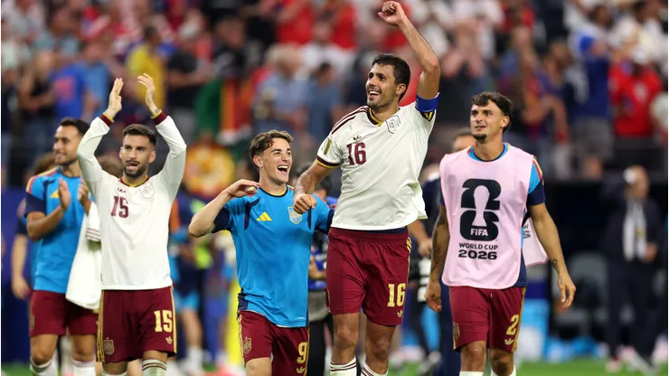 ARLINGTON, TEXAS - JULY 14: Alex Baena #15, Gavi #9, Rodri #16 and Marc Pubill #2 of Spain celebrate after the 2-0 victory during the FIFA World Cup 2026 Semi Final match between France and Spain at Dallas Stadium on July 14, 2026 in Arlington, Texas. (Photo by Florencia Tan Jun/Getty Images)