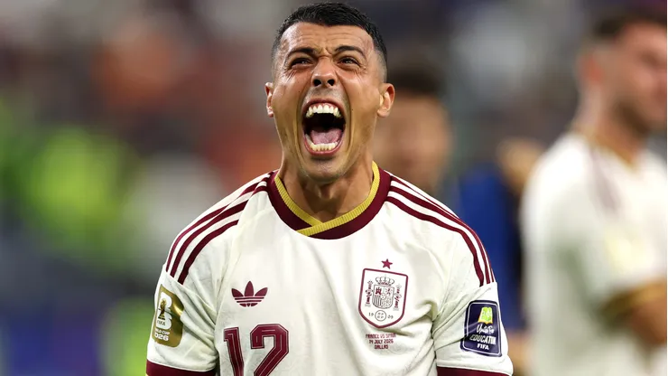 ARLINGTON, TEXAS - JULY 14: Pedro Porro #12 of Spain celebrates after the 2-0 victory during the FIFA World Cup 2026 Semi Final match between France and Spain at Dallas Stadium on July 14, 2026 in Arlington, Texas. (Photo by Florencia Tan Jun/Getty Images)