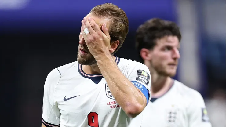 ATLANTA, GEORGIA - JULY 15: Harry Kane #9 of England reacts after the 1-2 loss during the FIFA World Cup 2026 Semi Final match between England and Argentina at Atlanta Stadium on July 15, 2026 in Atlanta, Georgia. (Photo by Justin Setterfield/Getty Images)