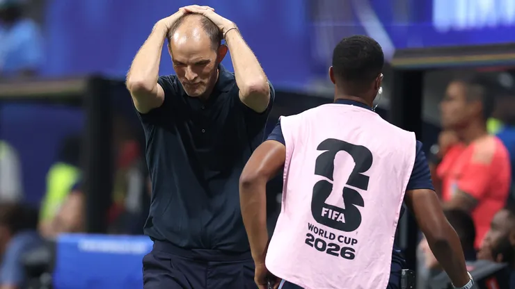 ATLANTA, GEORGIA - JULY 15: Thomas Tuchel, Manager of England, reacts during the FIFA World Cup 2026 Semi Final match between England and Argentina at Atlanta Stadium on July 15, 2026 in Atlanta, Georgia. (Photo by Justin Setterfield/Getty Images)