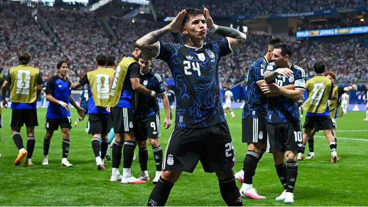 ATLANTA, GEORGIA - JULY 15: Enzo Fernandez #24 of Argentina celebrates scoring his team's first goal during the FIFA World Cup 2026 Semi Final match between England and Argentina at Atlanta Stadium on July 15, 2026 in Atlanta, Georgia. (Photo by Shaun Botterill/Getty Images)