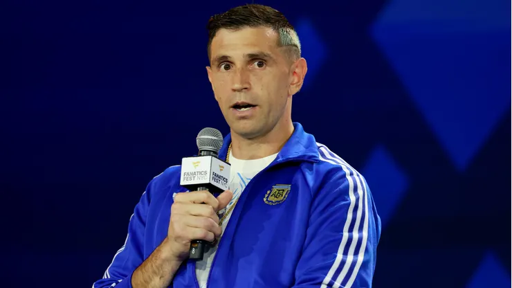 NEW YORK, NEW YORK - JULY 17: Emiliano Martinez #23 of Argentina looks on during a press conference ahead of the FIFA World Cup 2026 Final at Fanatics Fest at Javits Center on July 17, 2026 in New York, New York. (Photo by Elsa/Getty Images)