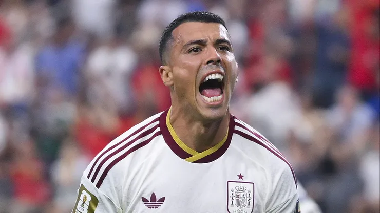 ARLINGTON, TEXAS - JULY 14: Pedro Porro #12 of Spain celebrates scoring his team's second goal during the FIFA World Cup 2026 Semi Final match between France and Spain at Dallas Stadium on July 14, 2026 in Arlington, Texas. (Photo by David Ramos/Getty Images)