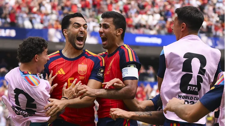 INGLEWOOD, CALIFORNIA - JULY 10: Mikel Merino #6 of Spain celebrates with his team mates scoring his team's second goal during the FIFA World Cup 2026 Quarter Final match between Spain and Belgium at Los Angeles Stadium on July 10, 2026 in Inglewood, California. (Photo by David Ramos)