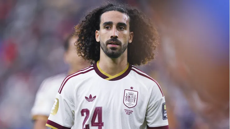 ARLINGTON, TEXAS - JULY 14: Marc Cucurella #24 of Spain looks on during the FIFA World Cup 2026 Semi Final match between France and Spain at Dallas Stadium on July 14, 2026 in Arlington, Texas. (Photo by David Ramos/Getty Images)