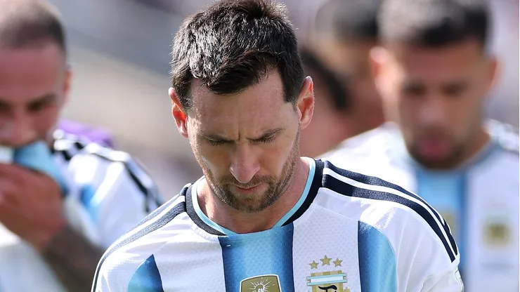 EAST RUTHERFORD, NEW JERSEY - JULY 19: Lionel Messi #10 of Argentina reacts after the first half during the FIFA World Cup 2026 Final match between Spain and Argentina at New York New Jersey Stadium on July 19, 2026 in East Rutherford, New Jersey. (Photo by Dan Mullan/Getty Images)