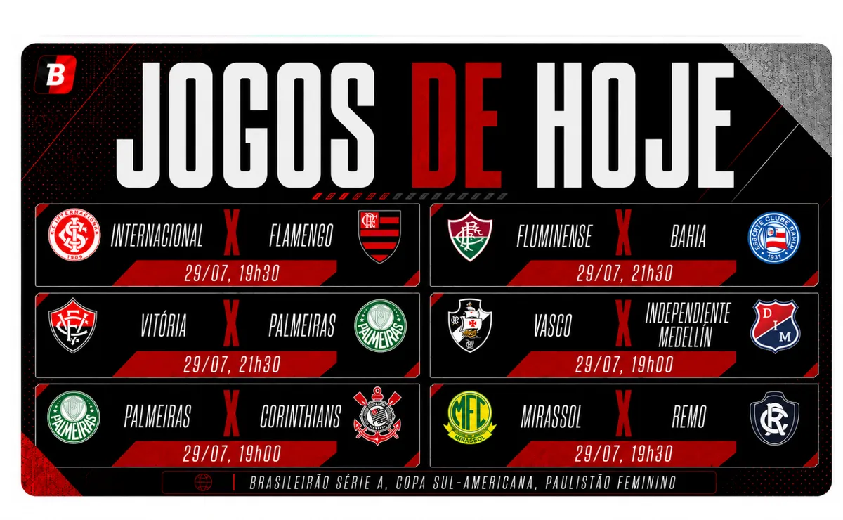 Flamengo, Palmeiras, Vasco e Fluminense jogam nesta quarta-feira (29); veja horários e onde assistir ao vivo