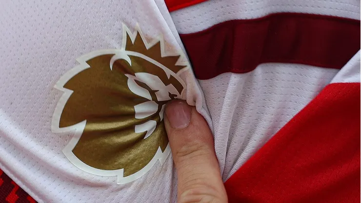 ISLINGTON, ENGLAND - MAY 31: An Arsenal supporter points to a Gold Premier League badge on his kit during the Arsenal Trophy Parade on May 31, 2026 in Islington, England. Arsenal clinched their first Premier League title in 22 years earlier this month. (Photo by Alex Pantling/Getty Images)