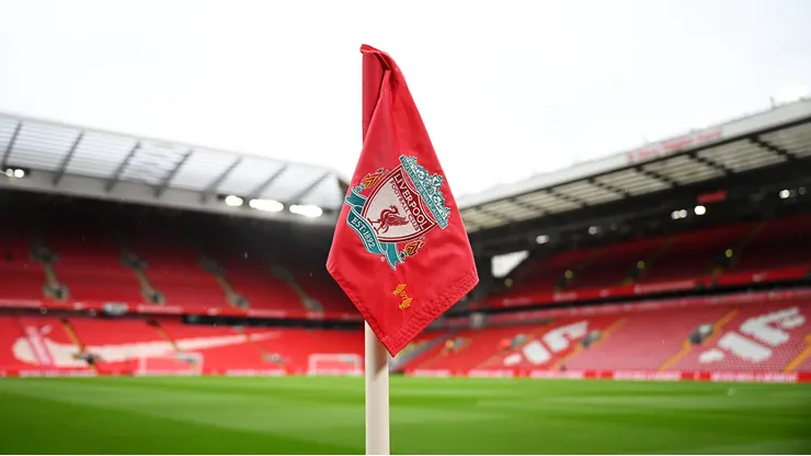 LIVERPOOL, ENGLAND - AUGUST 25: General view inside the stadium, where the corner flag, featuring the clubs logo can be seen prior to the Premier League match between Liverpool FC and Brentford FC at Anfield on August 25, 2024 in Liverpool, England. (Photo by Michael Regan/Getty Images)