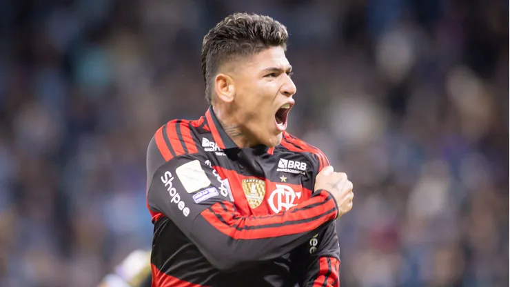 Jorge Carrascal jogador do Flamengo comemora seu gol durante partida contra o Gremio no estadio Arena do Gremio pelo campeonato Brasileiro A 2026
