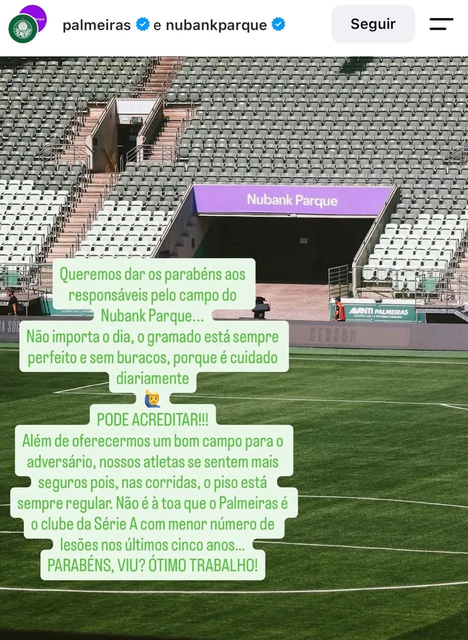 Postagem do Palmeiras nesta quinta (3) em tom de provocação à mensagem de Neymar mais cedo reclamando de gramado da Vila – Foto: Reprodução/Instagram