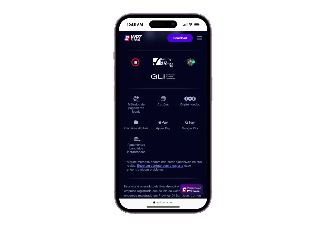 Formas de pagamento aceitas no WPT Global app