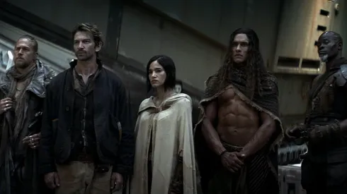 Djimon Hounsou, Michiel Huisman, Charlie Hunnam, Sofia Boutella and Staz Nair in Rebel Moon - Part One: A Child of Fire.