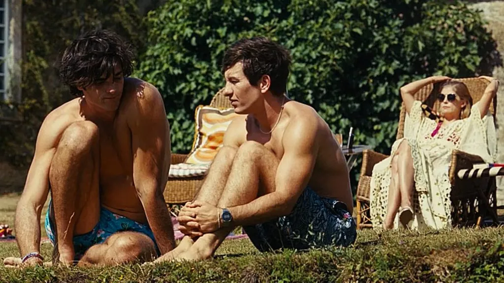 Jacob Elordi, Barry Keoghan and Rosamund Pike in Saltburn.