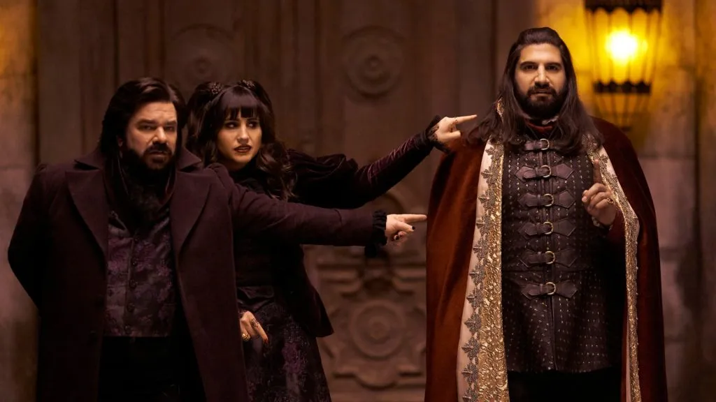 Kayvan Novak, Matt Berry and Natasia Demetriou in What We Do in the Shadows.