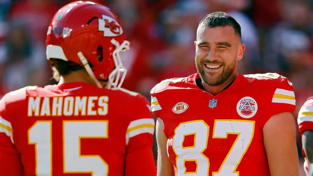Travis Kelce #87 and Patrick Mahomes #15 of the Kansas City Chiefs.