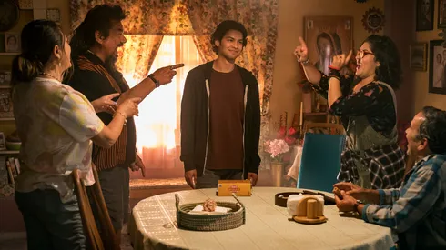 Elpidia Carrillo, Damián Alcázar, George Lopez, Xolo Maridueña and Belissa Escobedo in Blue Beetle.