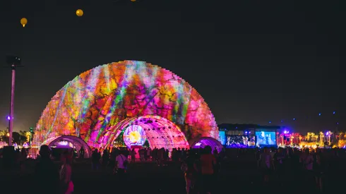 Art installation 'Circular Dimensions x Microscape' by Cristopher Cichocki is seen at the 2022 Coachella Valley Music And Arts Festival.
