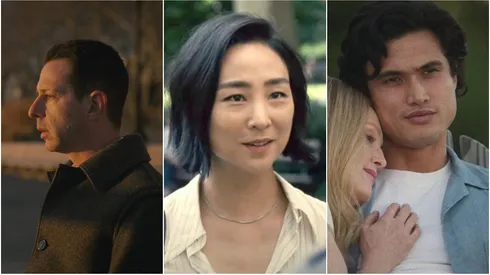 L-R: Jeremy Strong, Greta Lee and Charles Melton