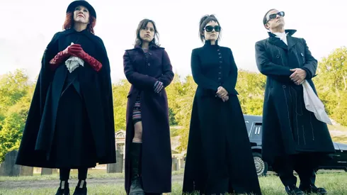 Catherine O'Hara, Jenna Ortega, Winona Ryder and Justin Therou in Beetlejuice Beetlejuice.