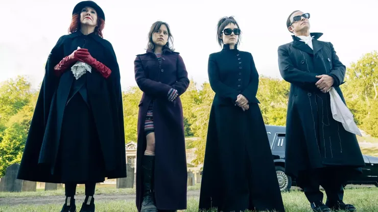 Catherine O'Hara, Jenna Ortega, Winona Ryder and Justin Therou in Beetlejuice Beetlejuice.