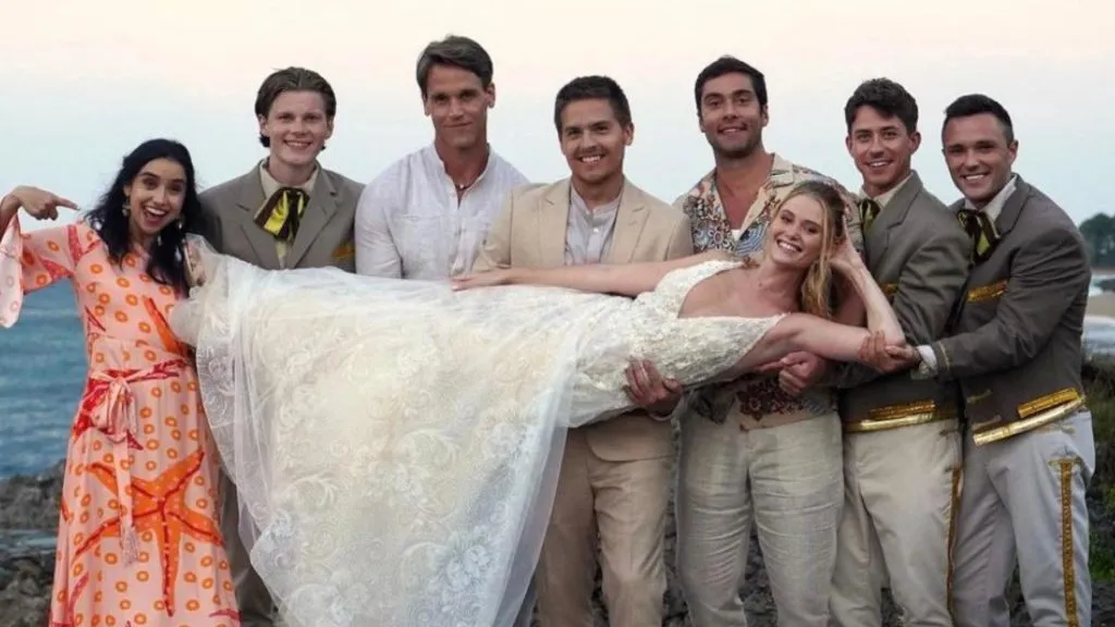 Dylan Sprouse, Jack Hesketh, Libe Barer, Virginia Gardner, Declan Michael Laird and Micky Dartford in Beautiful Wedding. (Source: IMDb)