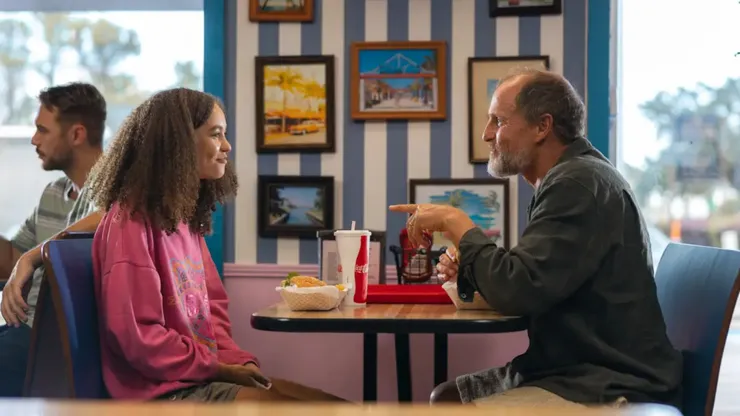 Nico Parker and Woody Harrelson in "Suncoast"