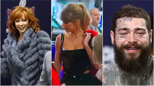 L-R: Reba McEntire, Taylor Swift and Post Malone at the Super Bowl 2024