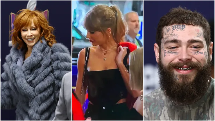 L-R: Reba McEntire, Taylor Swift and Post Malone at the Super Bowl 2024