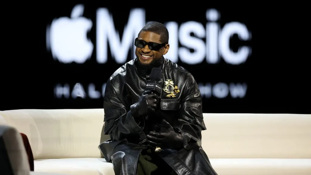 Usher is interviewed during the Super Bowl LVIII Pregame &amp; Apple Music Super Bowl LVIII Halftime Show press conference. (Source: Rob Carr/Getty Images)
