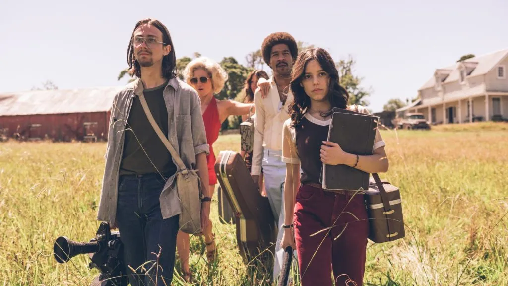 Brittany Snow, Kid Cudi, Owen Campbell, Jenna Ortega and Mia Goth in X. (Source: IMDb)